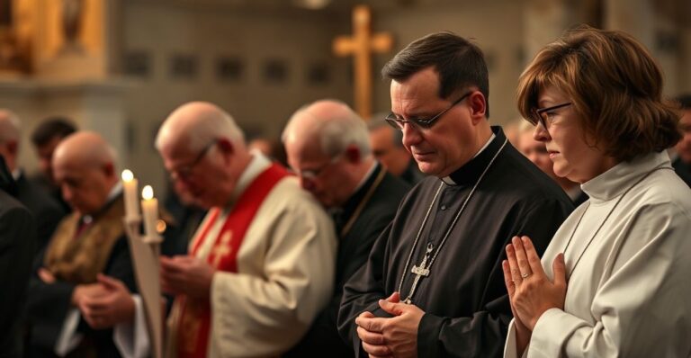 Katoliccy duchowni modląc się przy pomniku ofiar sowieckich zbrodni, w powadze i skupieniu, w atmosferze religijnej powagi i szacunku