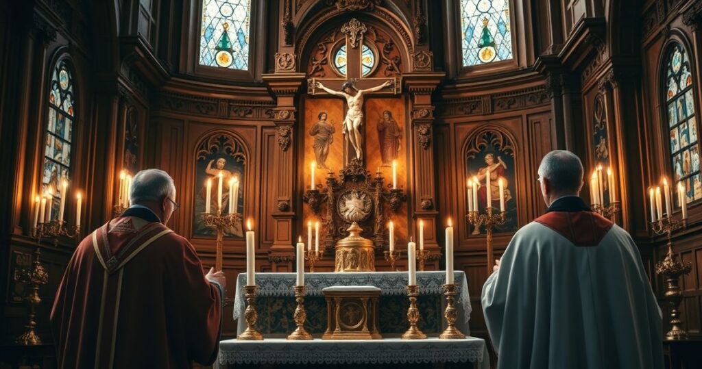 Fotografia realistyczna duchownych katolickich modlących się w tradycyjnym kościele, symbolizująca wierność doktrynie i odrzucenie modernistycznych praktyk.