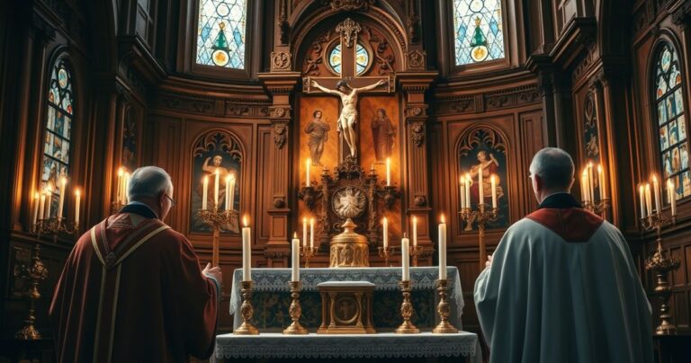 Fotografia realistyczna duchownych katolickich modlących się w tradycyjnym kościele, symbolizująca wierność doktrynie i odrzucenie modernistycznych praktyk.