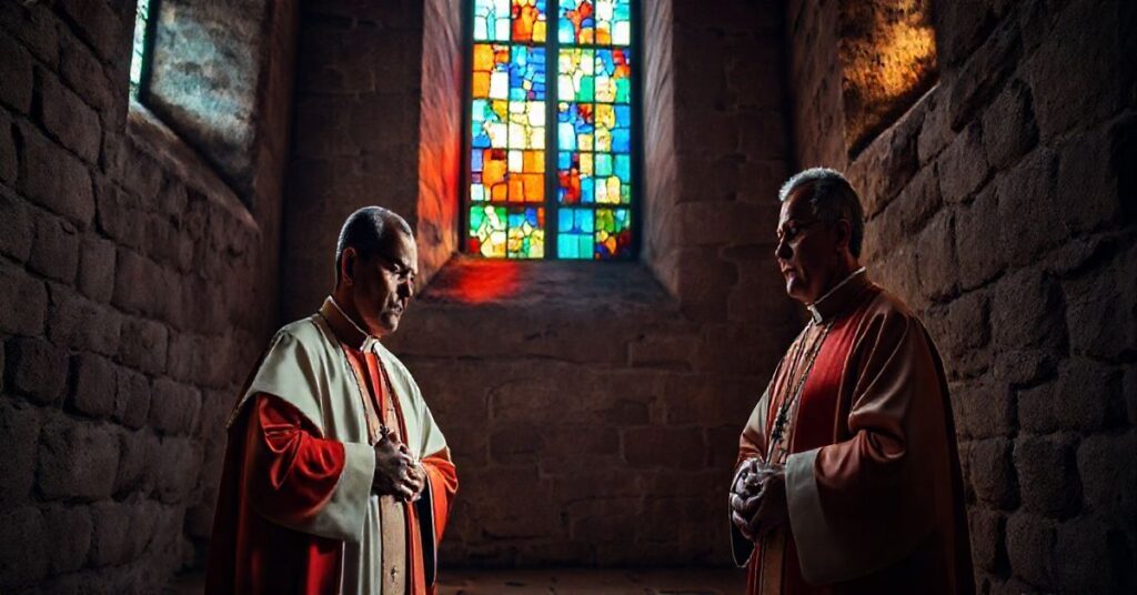 Fotografia realistyczna dwóch katolickich kapłanów w modlitwie w starym kościele, symbolizująca cierpienie i krytykę milczenia hierarchii Kościoła wobec prześladowań wiernych