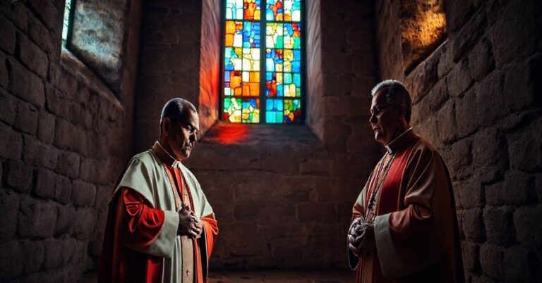 Fotografia realistyczna dwóch katolickich kapłanów w modlitwie w starym kościele, symbolizująca cierpienie i krytykę milczenia hierarchii Kościoła wobec prześladowań wiernych