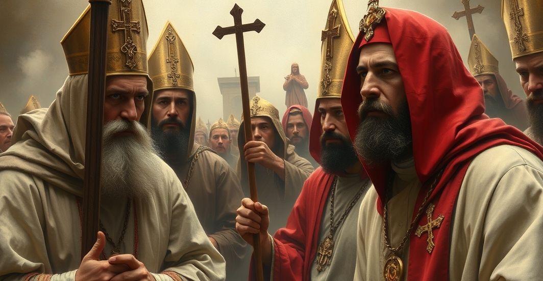 Katoliccy męczennicy – prawdziwa wiara i ofiara w obliczu kryzysu duchowego Zdjęcie realistycznych katolickich męczenników w tradycyjnym stroju, ukazujących głęboką wiarę i oddanie, symbolizujące prawdziwe ofiary za wiarę w kontekście kryzysu posoborowego