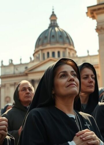 Katoliccy pielgrzymi w Rzymie przed Watykanem Realistyczny obraz katolickich pielgrzymów modlących się przed historycznym kościołem w Rzymie, z Watykanem w tle, ukazujący powagę i pobożność.