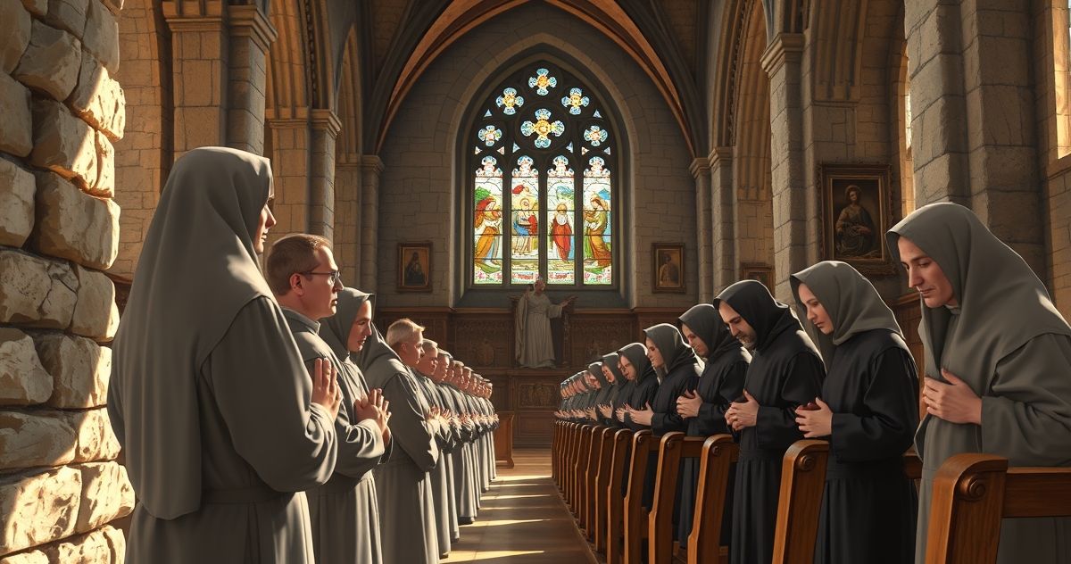 Zdjęcie realistyczne, pełne szacunku przedstawiające katolickich zakonników modlących się w historycznym wnętrzu kościoła, ukazujące ich pokorę i oddanie tradycyjnej duchowości katolickiej.
