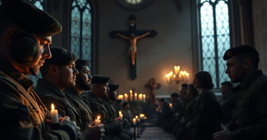 Rewerentny obraz katolickich żołnierzy modlących się w kościele z krucyfiksem i świecami w tle, symbolizujący wiarę i nadzieję w trudnych czasach.