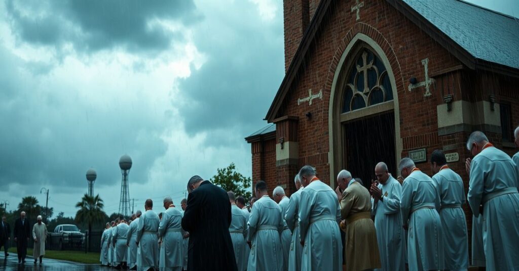 Grupa katolików w tradycyjnych strojach modli się na kolanach na zewnątrz kościoła podczas ulewy niedzielnego poranka