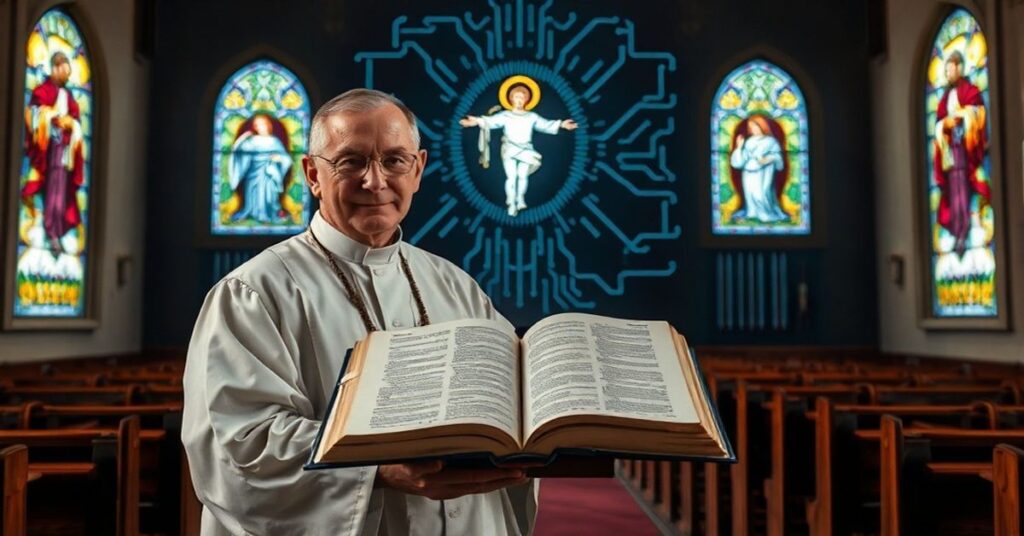 Tradycyjny kleryk w białym stroju przed otwartą Biblią z lożącym się w tle ciemnym interfejsem sztucznej inteligencji