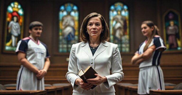 Kobieta katolicka Kirralie Smith stoi w sali sądowej z Biblią w ręku, stojącą naprzeciw dwóch mężczyzn ubranych w kobiece stroje sportowe, symbolizującym skandal rzekomego 'transpłciowego' włączenia do kobiecego sportu. Scena jest opalana miękkim, poważnym oświetleniem podkreślającym świętość prawdy biologicznej i bunt przeciw boskiemu porządkowi naturalnego.