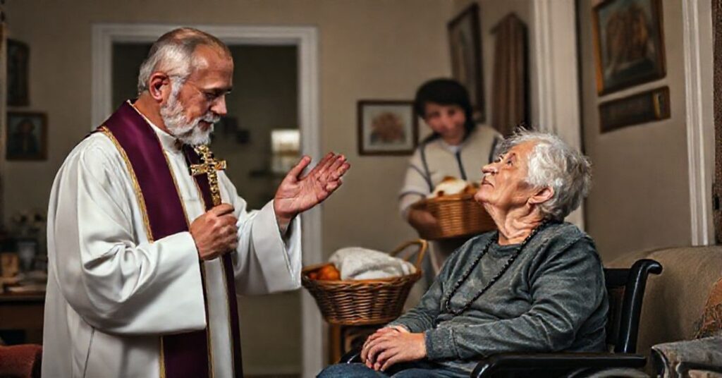 Ksiądz błogosławiący osobę niepełnosprawną w domu z pomocą wolontariuszki Caritas