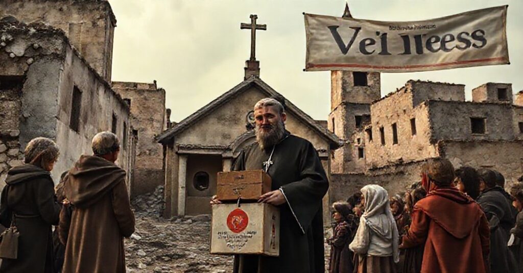 Zdjęcie przedstawiające katolicką społeczność Bliskiego Wschodu w sytuacji kryzysowej, z przerażającym kontrastem między tradycyjną wiarą a nowoczesną apostazją.