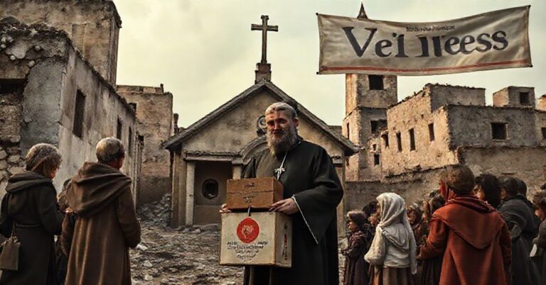 Zdjęcie przedstawiające katolicką społeczność Bliskiego Wschodu w sytuacji kryzysowej, z przerażającym kontrastem między tradycyjną wiarą a nowoczesną apostazją.