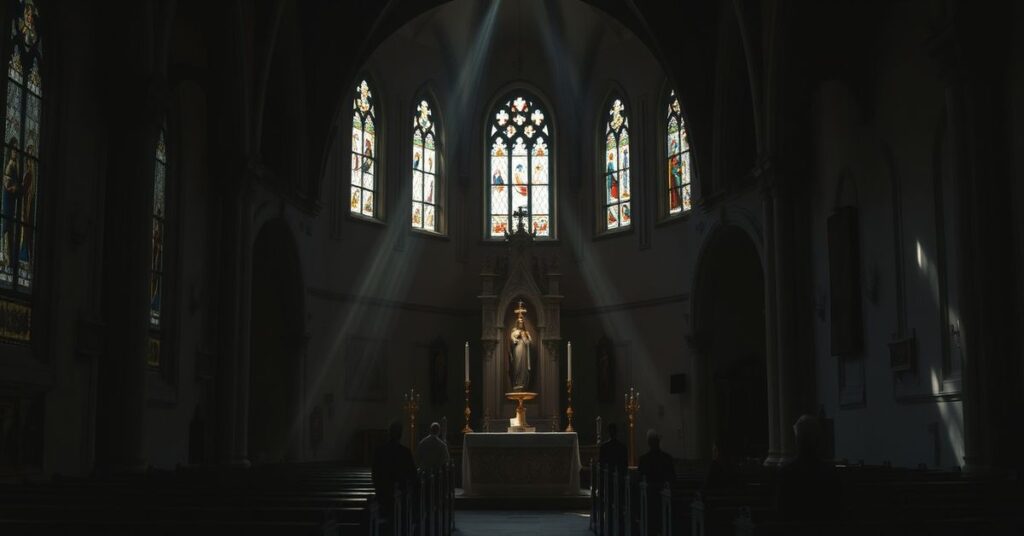 Wnętrze tradycyjnego kościoła katolickiego w Europie z kilku wiernymi w modlitwie przy ołtarzu z monstrancją.