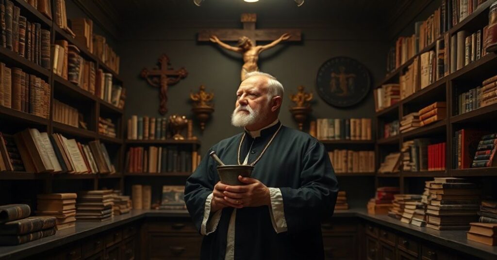 Książę aptekarz w tradycyjnym stroju katolickim w klasycznym wnętrzu apteki, otoczony starymi podręcznikami medycznymi i symbolami sakralnymi. W tle krzyż i księgi moralne.