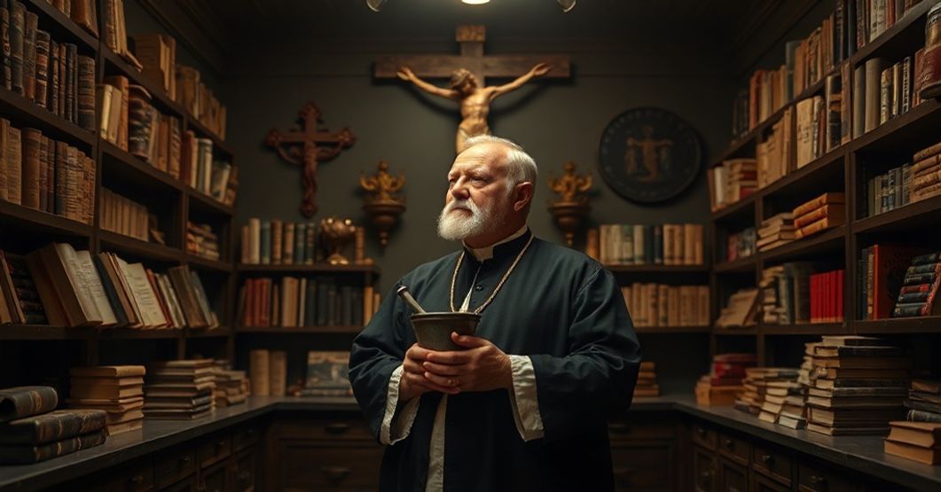 Książę aptekarz w tradycyjnym stroju katolickim w klasycznym wnętrzu apteki, otoczony starymi podręcznikami medycznymi i symbolami sakralnymi. W tle krzyż i księgi moralne.