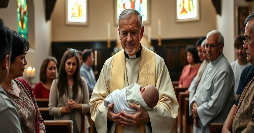 Prawdziwa katolicka caritas - ksiądz w szatach liturgicznych trzymający porzucone dziecko przed kościołem