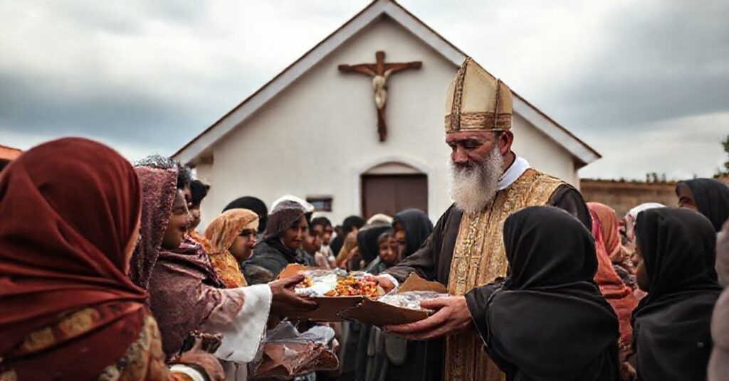 Scena tradycyjnego kościoła katolickiego pomagającego biednym z duchem chrześcijańskim