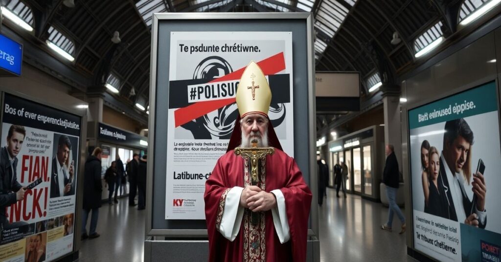 Tradycyjny katolicki ksiądz w liturgicznych szatach przed cenzurowanym reklamem Tribune Chrétienne na dworcu Saint-Lazare w Paryżu.
