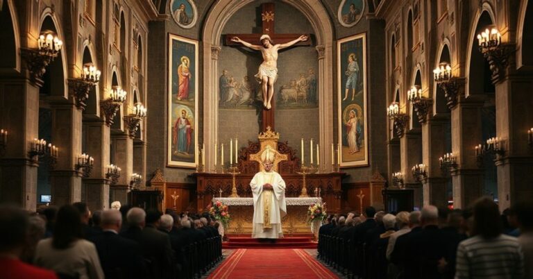 Uroczysta katolicka ceremonia w kościele z biskupem w pełnym stroju liturgicznym przy ołtarzu z krucyfiksem i modlącymi się wiernymi.