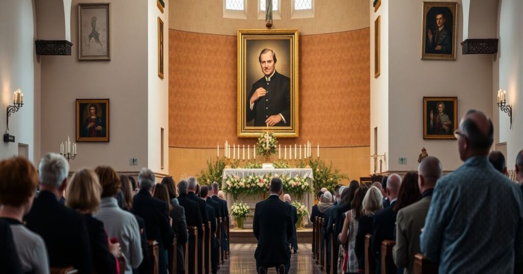 Cichy i poważny obraz przedstawiający katolicką ceremonię upamiętniającą rodzinę z Opolskiego zamordowaną przez Niemców w 1943 r. za ukrywanie Żydów, wraz z innymi ofiarami terroru nazistowskiego i komunistycznego.