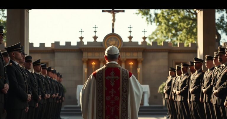 Kapłan katolicki w ornatach przed ołtarzem z krucyfiksem, w otoczeniu żołnierzy w mundurach podczas uroczystości na zewnątrz, podkreślając religijną harmonię i tradycję katolicką.