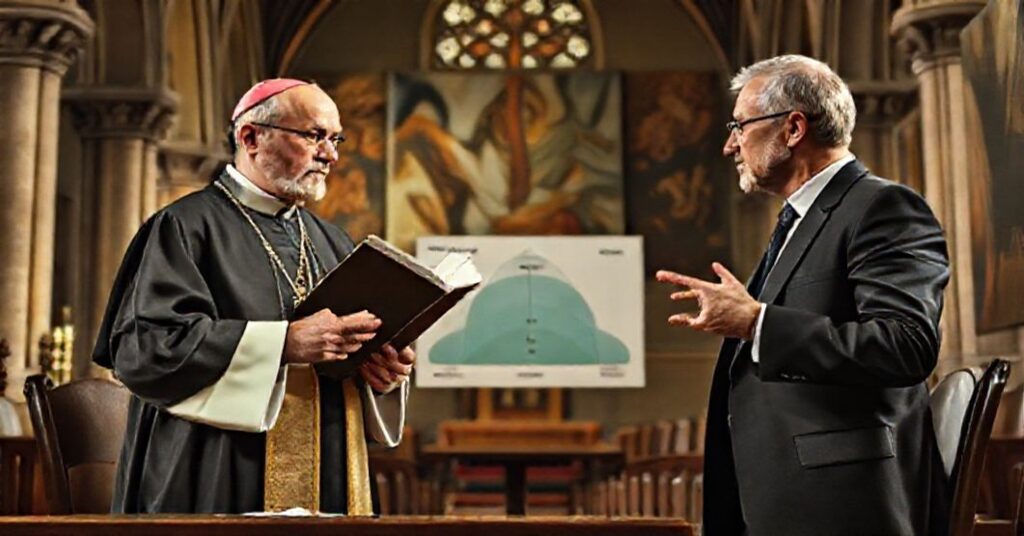 Ksiądz w sutannie dyskutujący z modernistą na temat neuroróżnorodności przed tłem kościoła i współczesnej sztuki abstrakcyjnej.