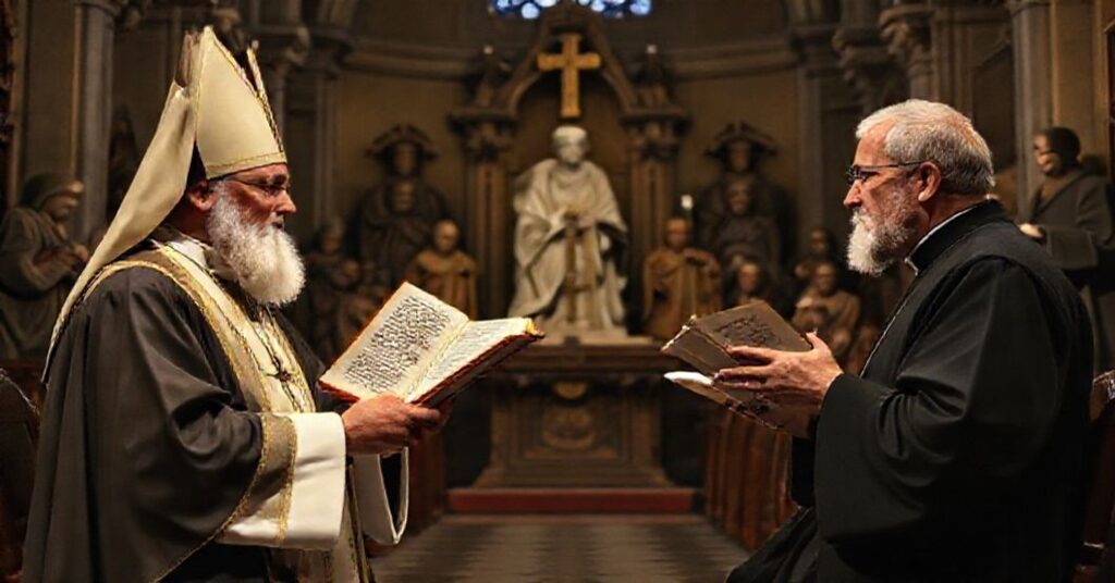 Uroczy scenariusz tradycyjnego katolickiego debatu między księżmi w historycznej paryskiej kaplicy