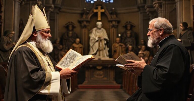 Uroczy scenariusz tradycyjnego katolickiego debatu między księżmi w historycznej paryskiej kaplicy