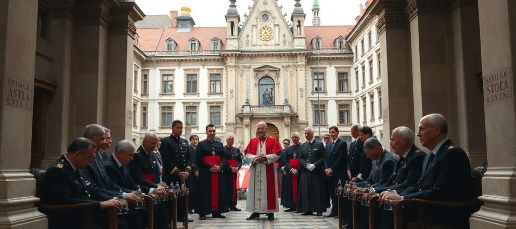 Grupa katolicka w tradycyjnej uroczystej przestrzeni dyskutuje na temat budżetu UE z politykami.