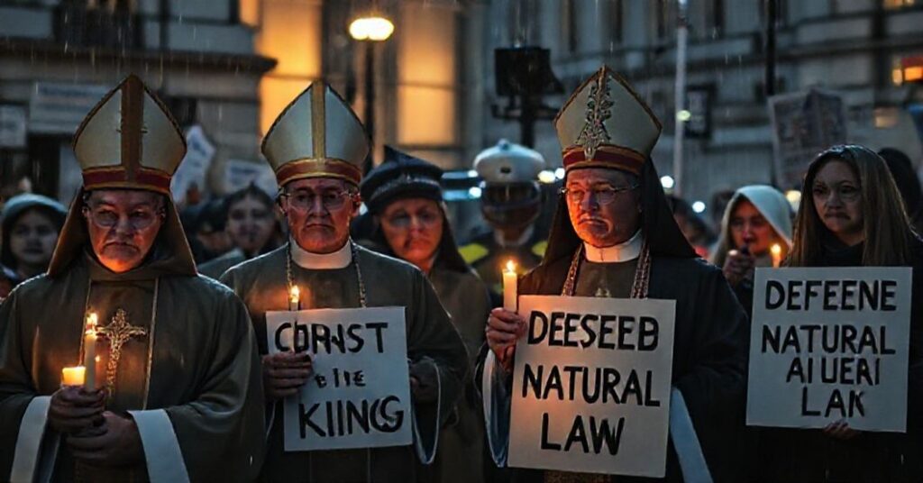 Uroczysta demonstracja katolicka w Londynie przeciwko masowej inwigilacji rządu w 2025 roku. Klerzycy prowadzą modlitwę przed stacją policyjną z kamerami rozpoznawania twarzy. Scena przypomina o chronionych przez prawo naturalne prawach człowieka.
