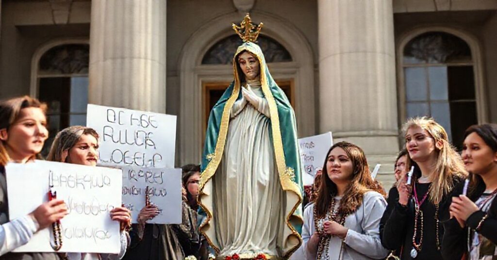 Grupa katolickich studentów modli się z różańcami przed uniwersytetem w protest przeciwko bluźnierczemu dziełu sztuki obrażającemu Najświętszą Maryję Pannę.