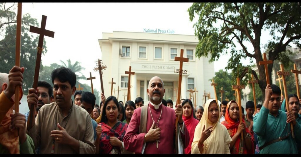 Grupa katolików w Bangladeszu tworzą łańcuch ludzki przed Narodowym Klubem Prasowym w Dhace, domagając się ustanowienia Wielkanocy dniem wolnym od pracy. Scena jest poważna i emocjonalnie zaangażowana.