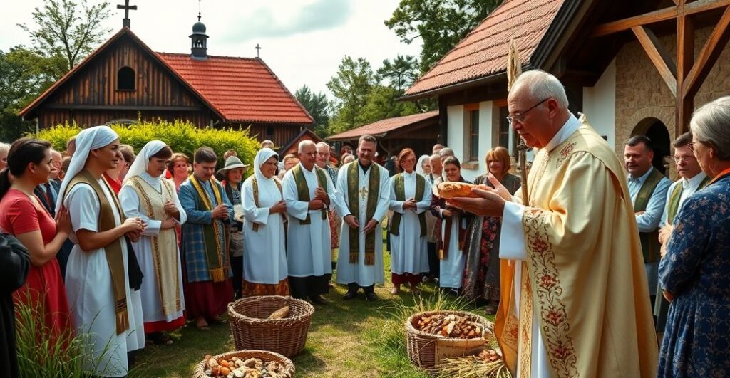 Szlachetny, realistyczny obraz katolickiej uroczystości dożynkowej w okartowskiej wsi, z kapłanem, rolnikami i symbolami wiary