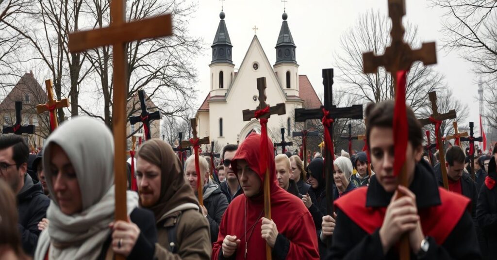 Procesja katolickiej Drogi Krzyżowej Ludzi Pracy w Warszawie przy kościele św. Stanisława Kostki