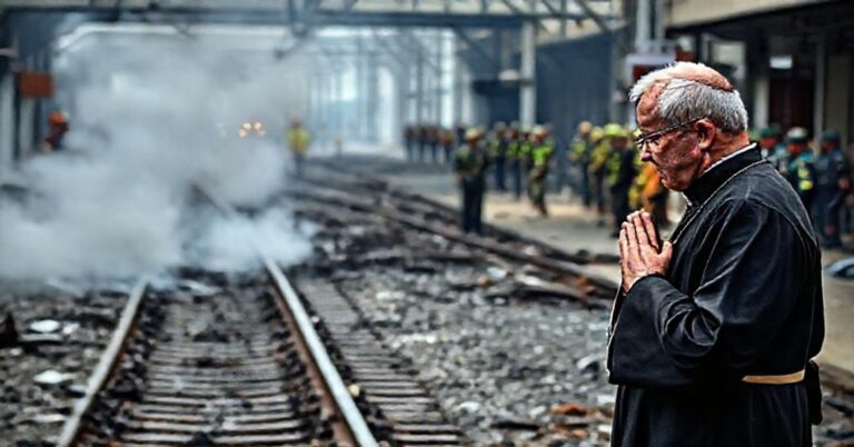 Ksiądz katolicki modli się nad uszkodzonymi torami kolejowymi po akcie dywersji, otoczony dymem i ruinami.