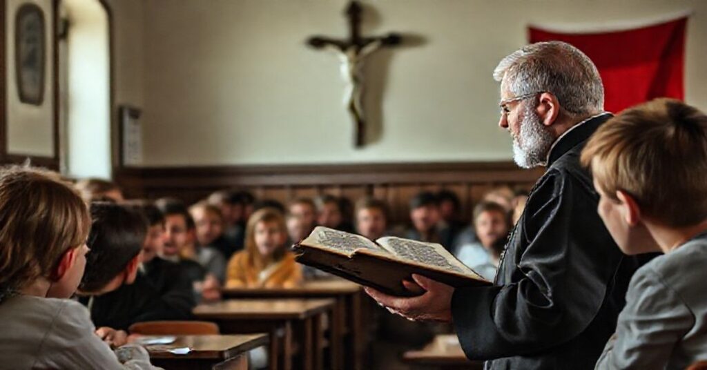 Scena w tradycyjnej klasie katolickiej w Polsce z uczniami słuchającymi katechetę w sutannie trzymającego Biblię, z krzyżem i flagą Polski na tle.