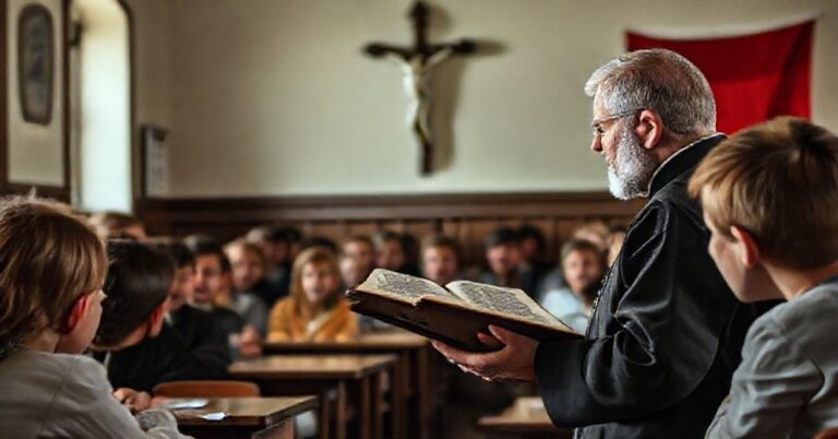 Scena w tradycyjnej klasie katolickiej w Polsce z uczniami słuchającymi katechetę w sutannie trzymającego Biblię, z krzyżem i flagą Polski na tle.
