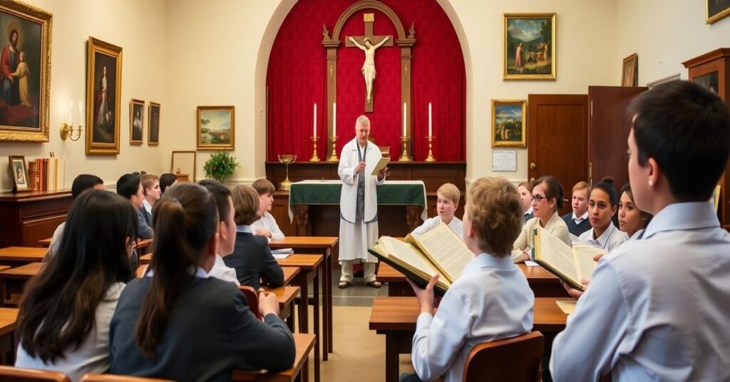 Tradycyjna katolicka klasa w St. Thomas Aquinas Academy w Tampie na Florydzie z uczniami słuchającymi nauczyciela w pięknie zdobionej sali z klasyczną sztuką i literaturą.