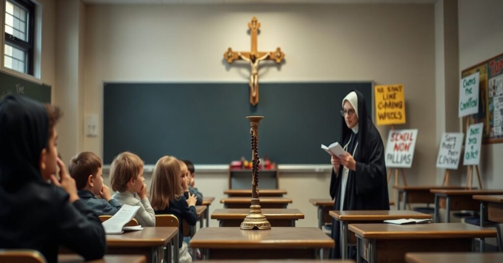 Solemne katolickie klasy z krucyfiksem i dzieci modlącymi się różańcem w contraste z nowoczesnymi szkolnymi ławkami na tle ruchu protestowego.