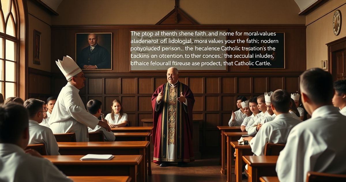 Tradycyjna katolicka edukacja kontra nowoczesne zagrożenia Uczestnicy katolickiej szkoły z kapłanem w tradycyjnych szatach, wyrażającym troskę o moralność i wiarę wobec zagrożeń ideologicznych