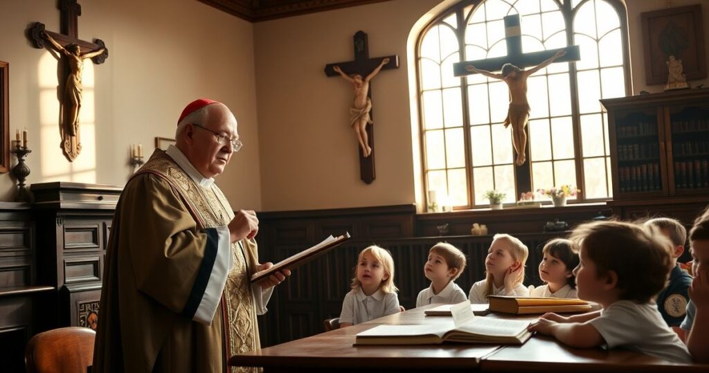 Reverentne zdjęcie tradycyjnej katolickiej klasy z księdzem i krzyżem, ukazujące wiarę i autorytet w edukacji religijnej