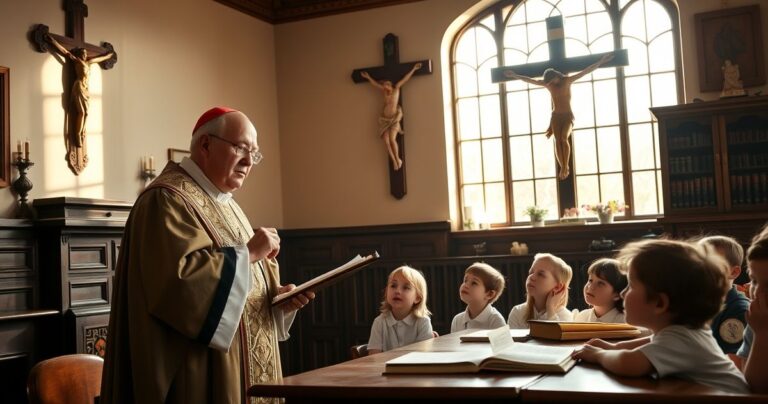 Reverentne zdjęcie tradycyjnej katolickiej klasy z księdzem i krzyżem, ukazujące wiarę i autorytet w edukacji religijnej