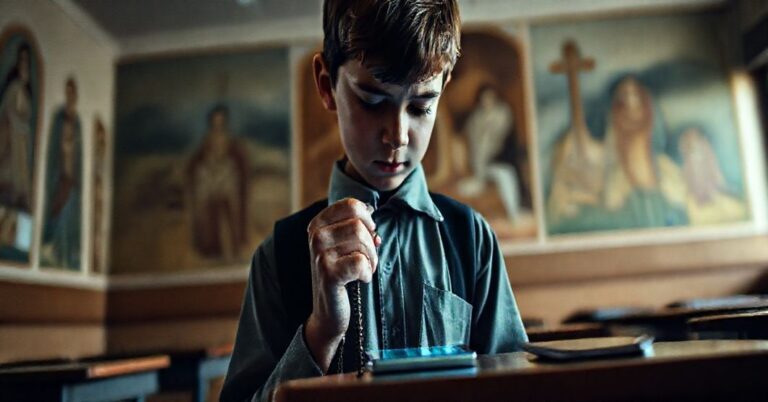 Chłopiec katolicki trzymający różańce w szarym, pozbawionym duchowości pomieszczeniu szkolnym