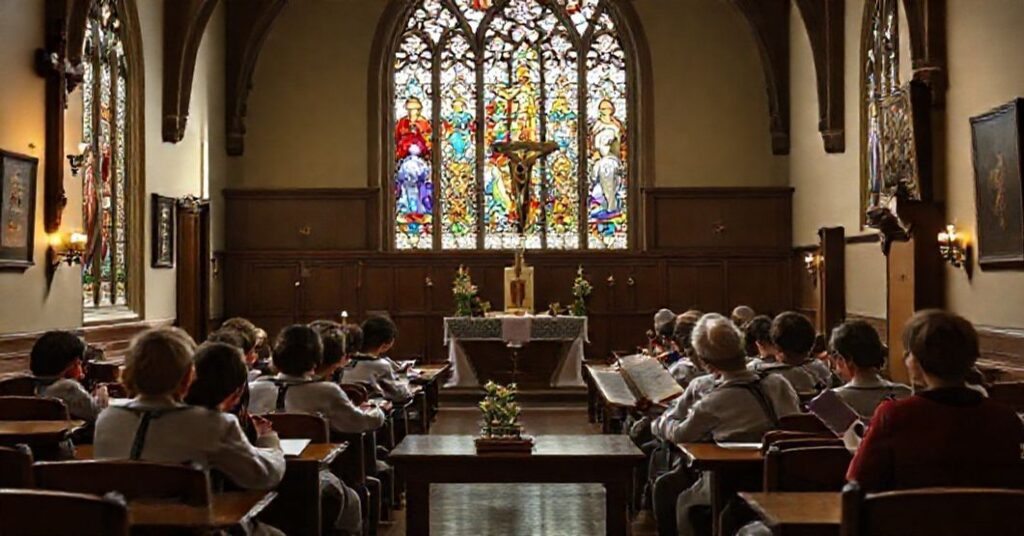 Uroczysty klasyczny klasa katolicka z tradycyjnym ołtarzem, krzyżem i uczniami modlącymi się różańcem. Przedstawiciele Cardinal Newman Society przeglądają przewodnik w kaplicy neogotyckiej z witrażami św. Piusa X i św. Piusa XI.