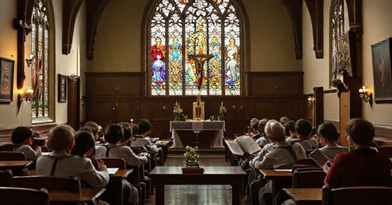 Uroczysty klasyczny klasa katolicka z tradycyjnym ołtarzem, krzyżem i uczniami modlącymi się różańcem. Przedstawiciele Cardinal Newman Society przeglądają przewodnik w kaplicy neogotyckiej z witrażami św. Piusa X i św. Piusa XI.