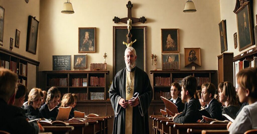 Klasa katolicka z kapłanem podkreślającym znaczenie prawdy boskiej w edukacji, otoczona tradycyjnymi symbolami wiary.