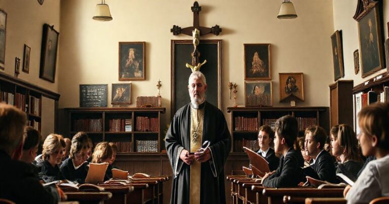 Klasa katolicka z kapłanem podkreślającym znaczenie prawdy boskiej w edukacji, otoczona tradycyjnymi symbolami wiary.