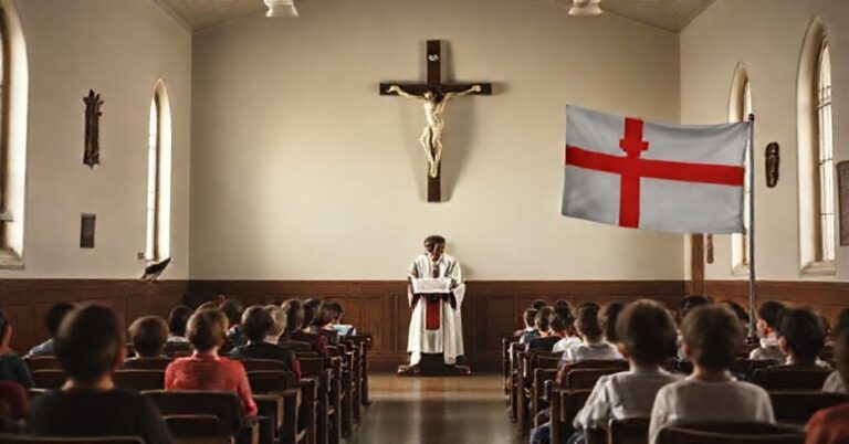 Prawdziwie katolicka sala lekcyjna z krucyfiksem, księdzem w kaszule i dziećmi modlącymi się różaniec.