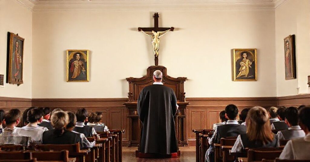 Tradycyjny katolicki klasztor z księdzem w sutannie i krzyżem Chrystusa Króla na ścianie.