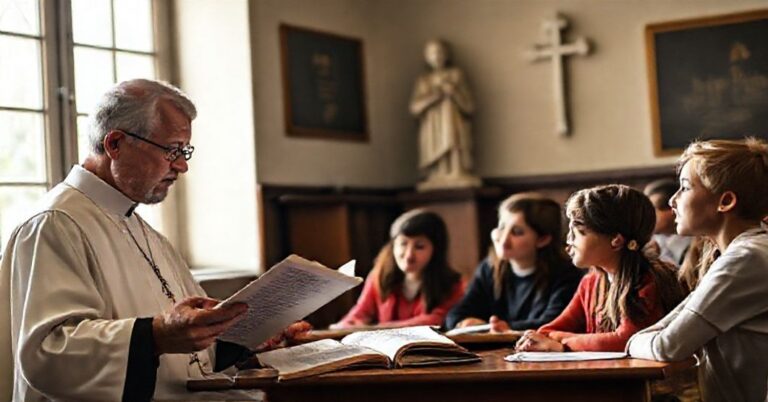 Tradycyjna klasa katolicka z uczniami słuchającymi wykładu księdza z tekstu scholastycznego, z krzyżem i rzeźbą św. Piusa X w tle.