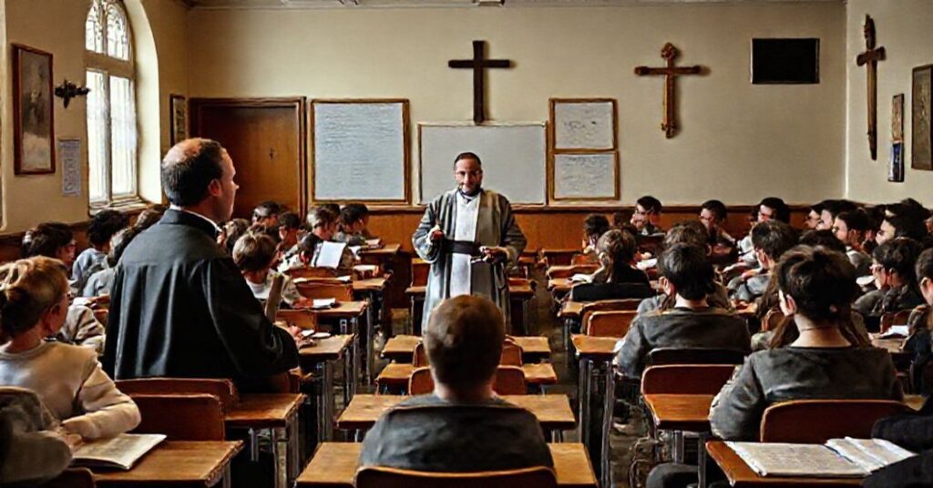 Tradycyjne katolicie lekcje religii w klasie z młodzieżą słuchającą nauczyciela w sutannie podczas gdy modernistyczny duchowny zniknął w tle.